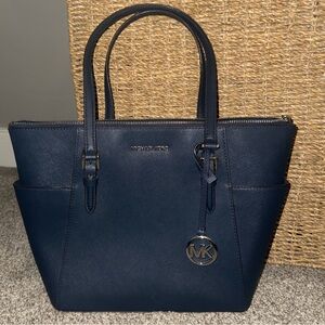 Michael Kors Charlotte Medium Navy Saffiano Leather Top Zipper